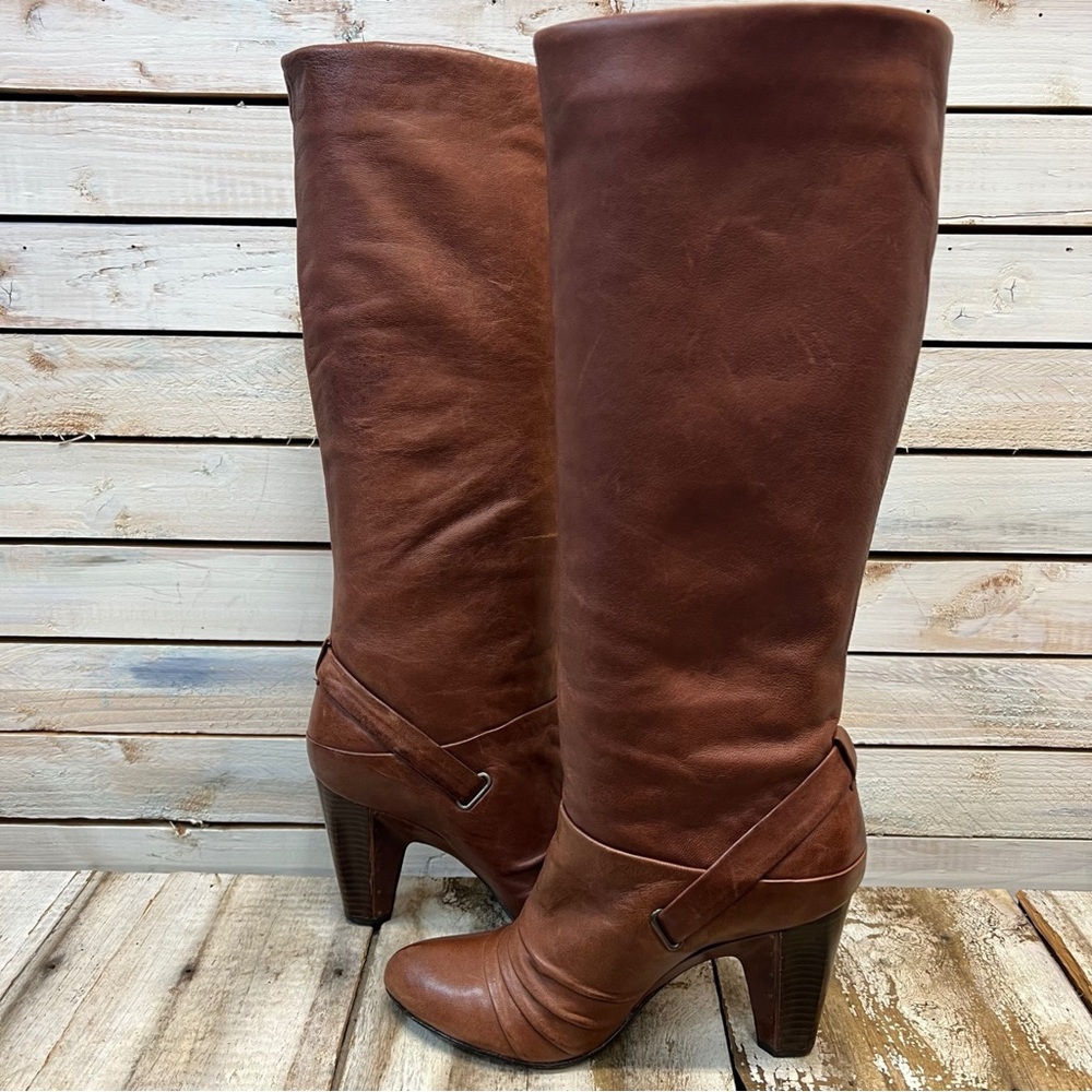 Frye Bethany Strappy Brown Leather Knee-High Boots